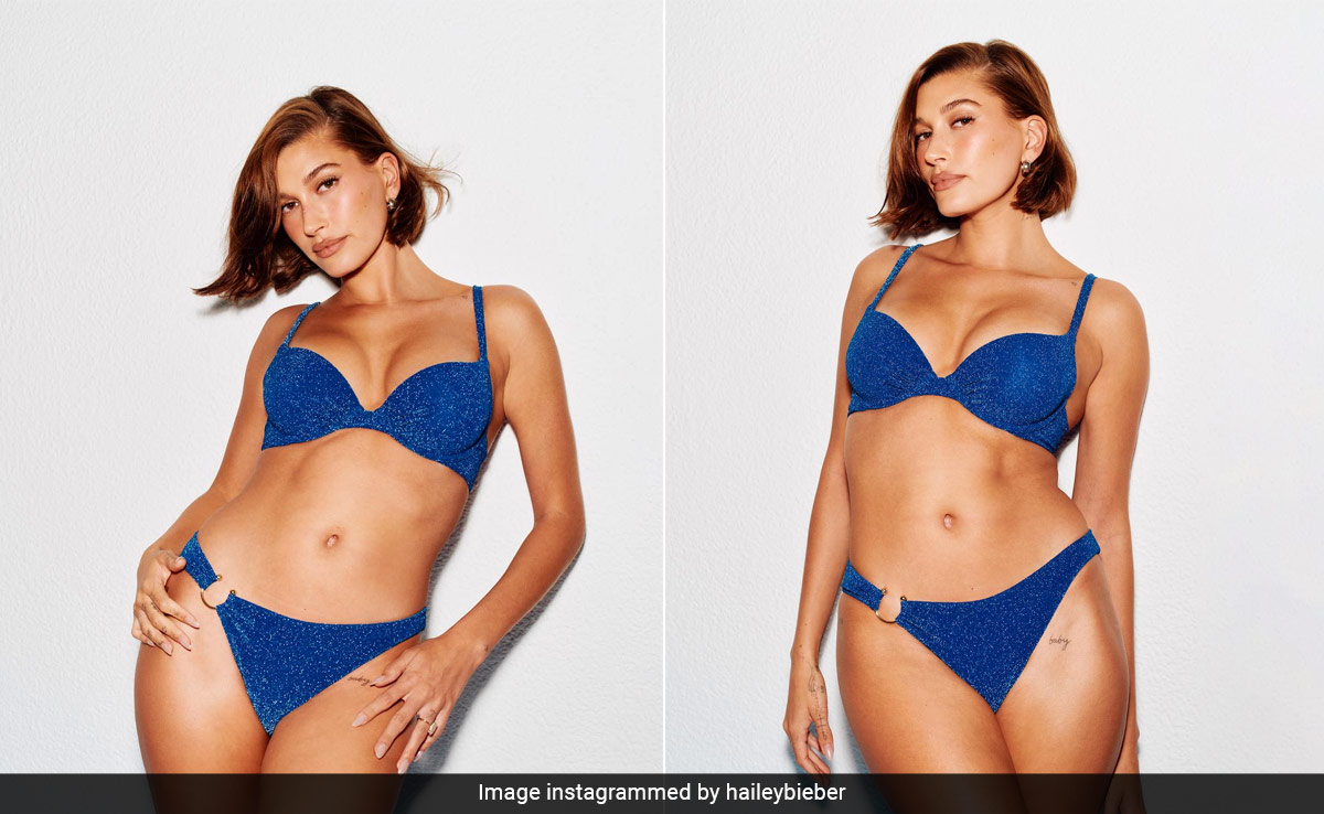 Hailey Bieber's Blue Swim Set Shimmers Like Sunrays Reflecting On The Sea