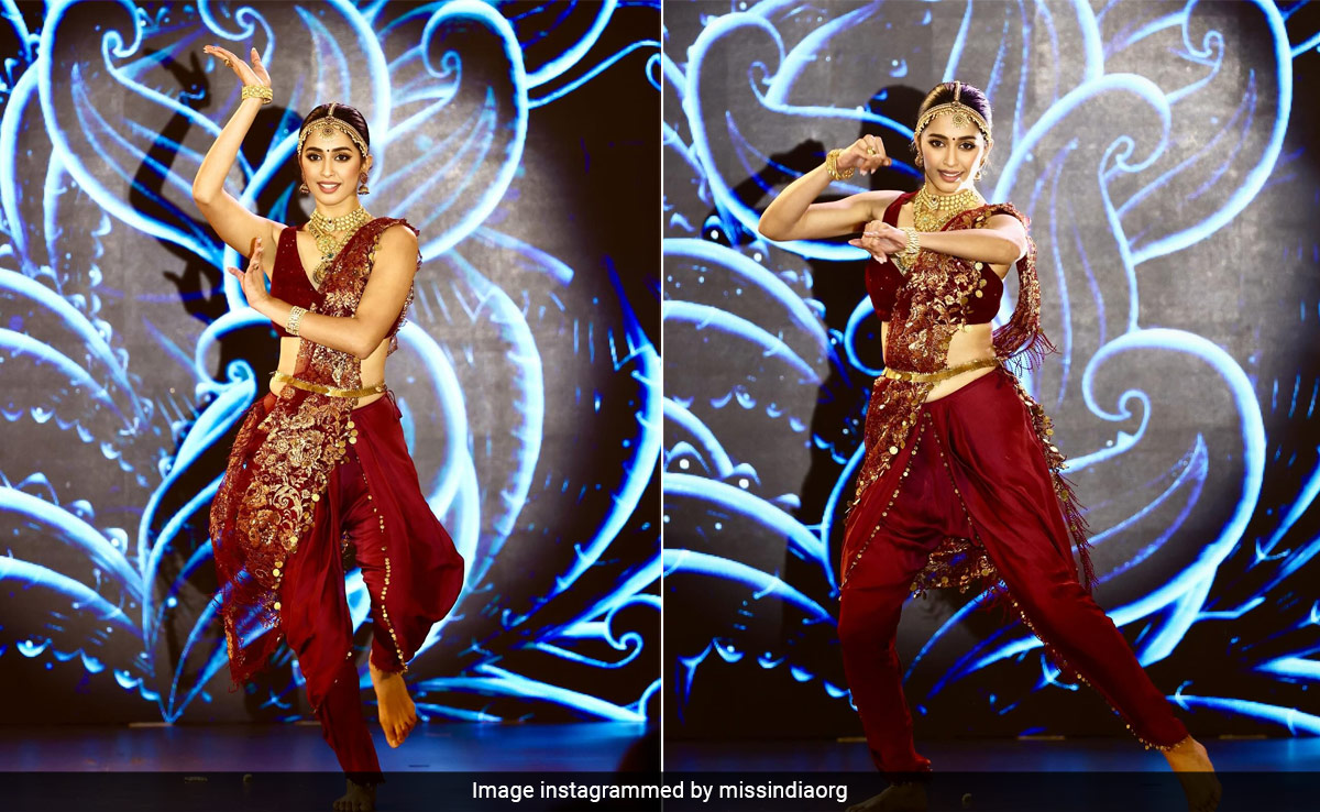 Sini Shetty Stunned In A Burgundy <i>Dhoti Saree</i> To Pay Tribute To Miss World 1994 Aishwarya Rai