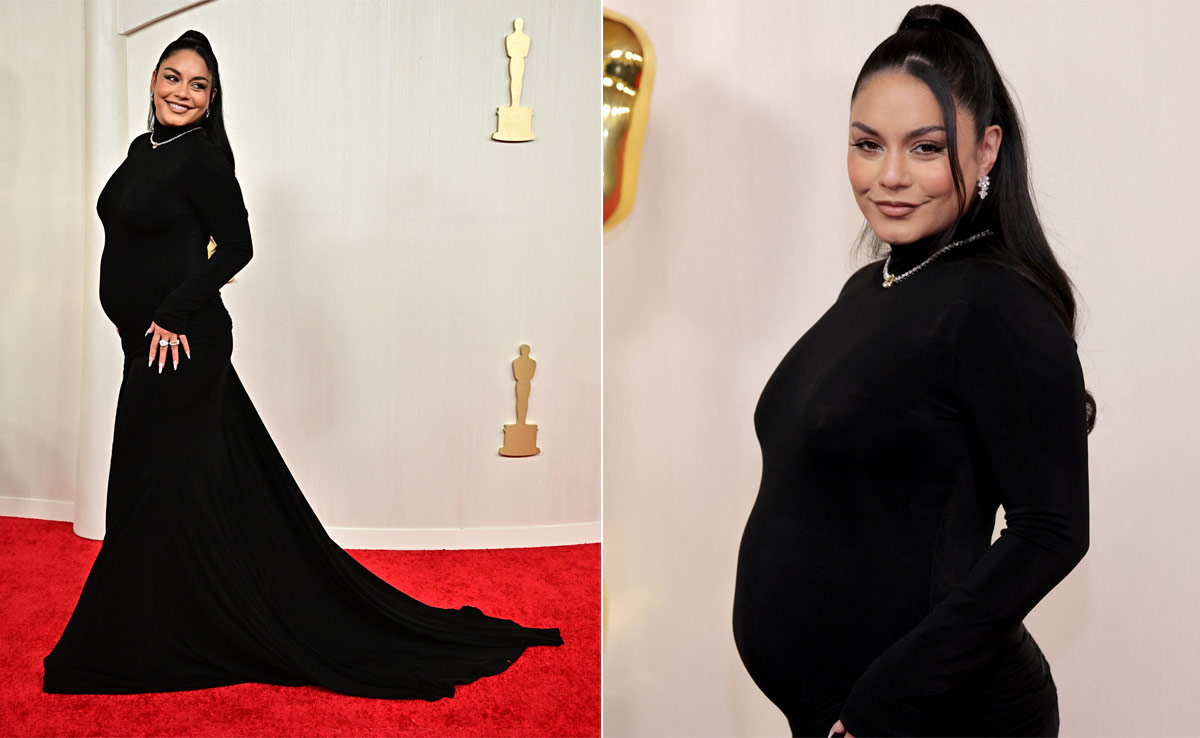 It's The <i>Start Of Something New</i> For Vanessa Hudgens As She Debuts Her Baby Bump In A Black Vera Wang Gown On The Oscars 2024 Red Carpet