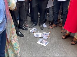 Team Shinde Workers Burn Omar Abdullah Photo Over Maharashtra Bhavan Remark
