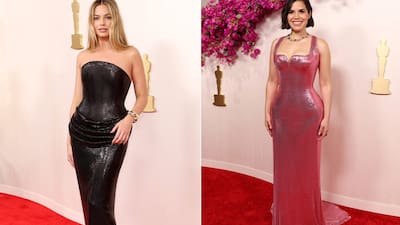 margot robbie red dress barbie Margot Robbie Wears Red Balmain Dress to 2024 Critics Choice Awards