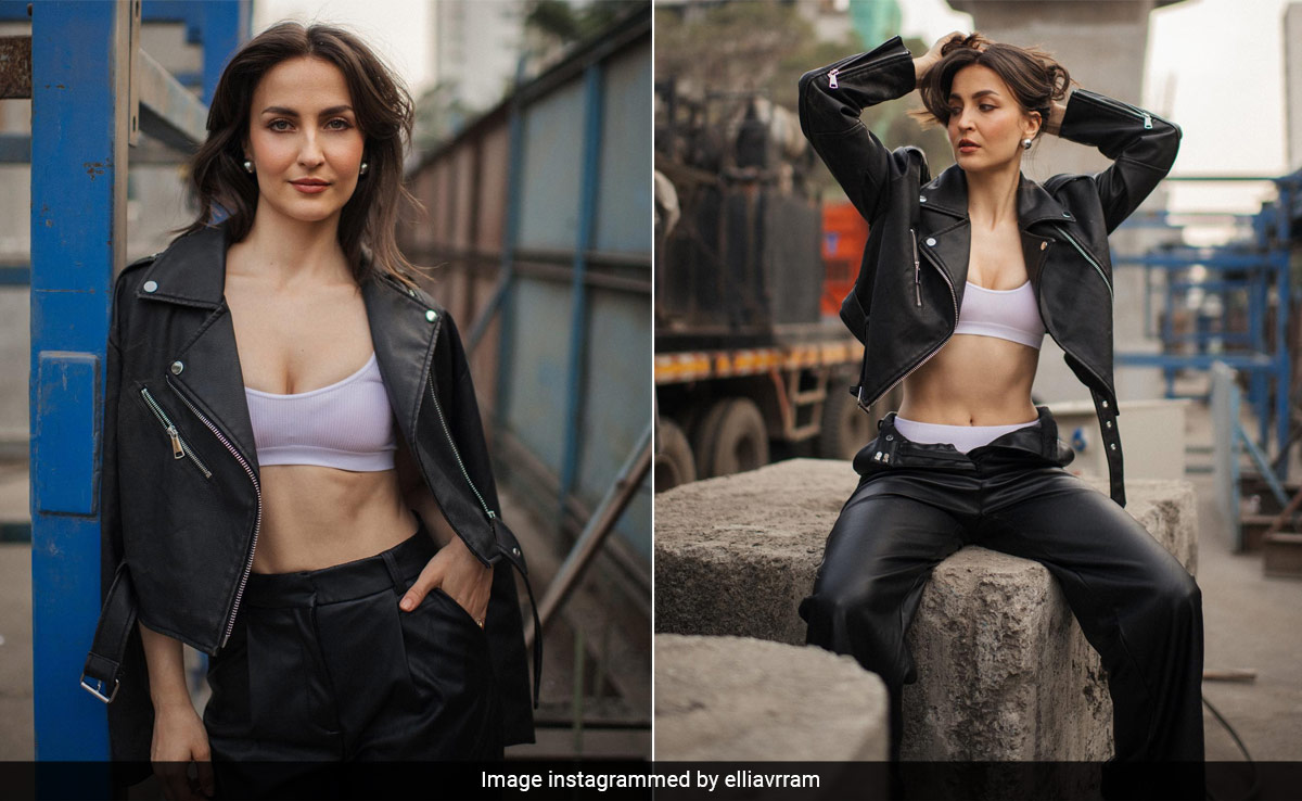 Elli AvrRam In A Lavender Bralette And Black Leather Jacket Gave Streetwear A Spring-Ready Touch