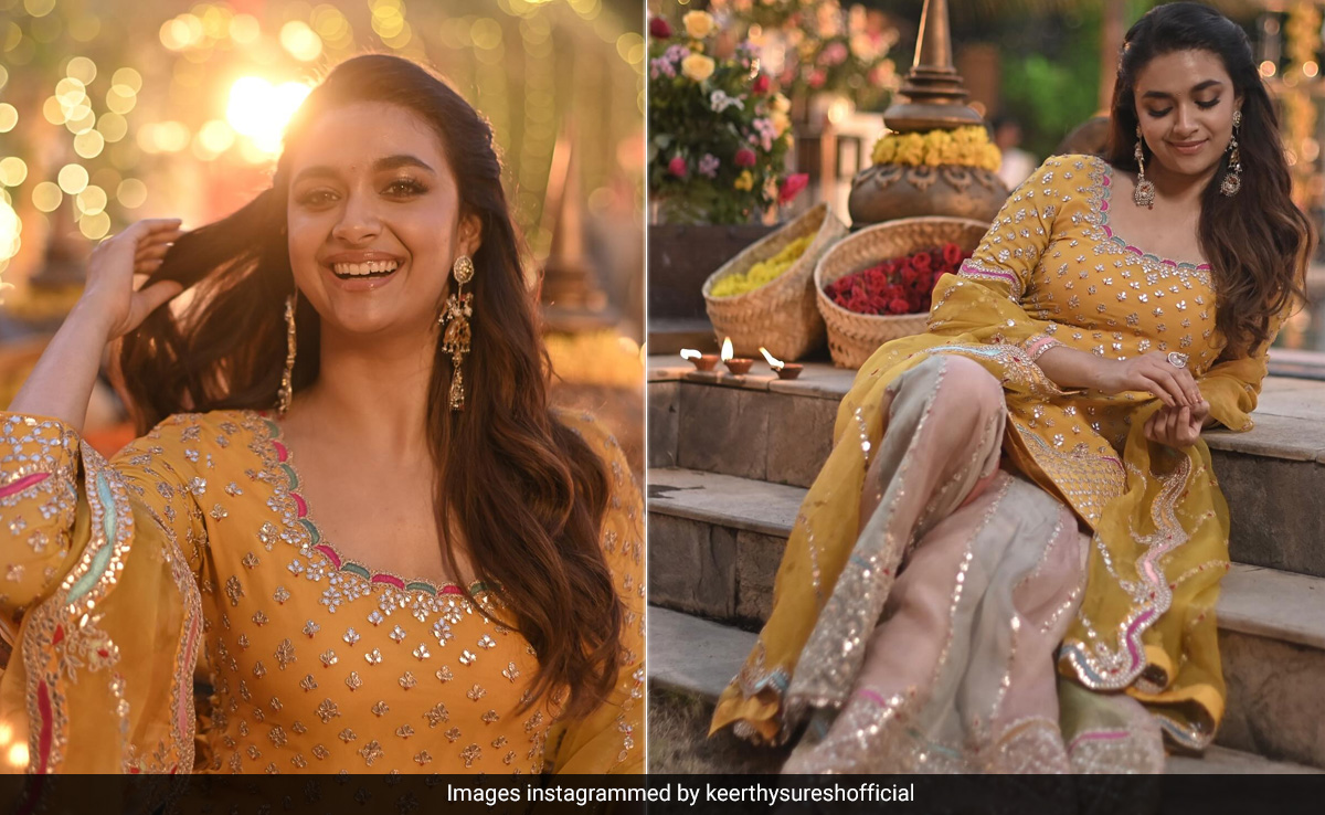 Keerthy Suresh Illuminates Vishu 2024 In A Sparkling Yellow Embellished <i>Sharara</i> Suit
