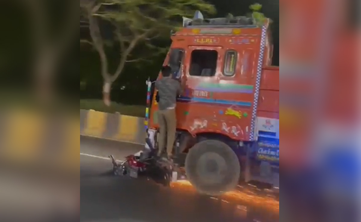 Watch: Sparks Fly As Speeding Truck Rams Bike, Drags It Along