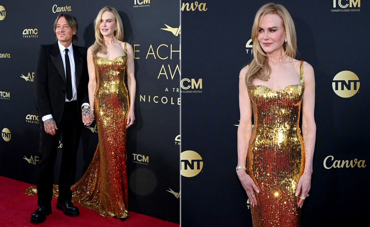Nicole Kidman Glimmered More Than Her Award Did In A Gold Sequin Balenciaga Gown