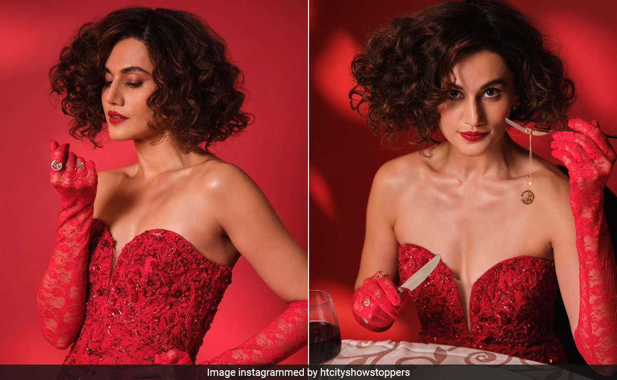 Roses Are Red And So Is Taapsee Pannu In A Strapless Rouge Gown With Red Lace Gloves