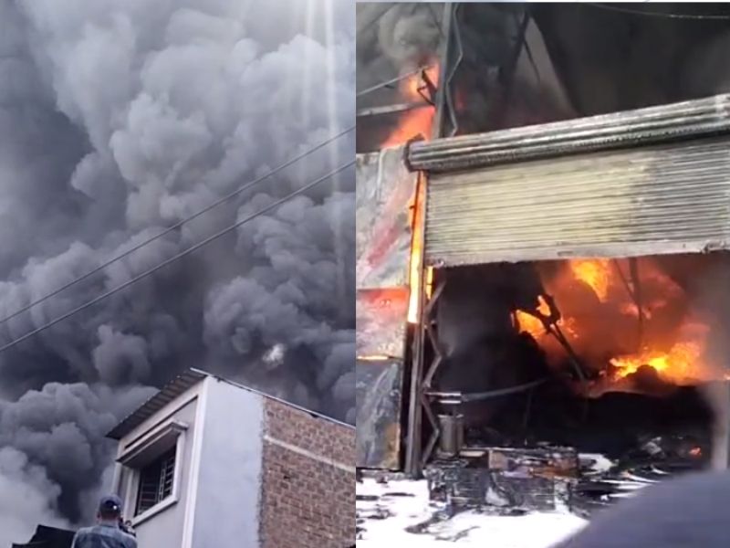 इंदौर के टायर के गोदाम में लगी भीषण आग, कई किलोमीटर तक आसमान में छाया धुएं का गुबार