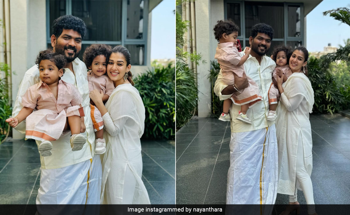 Nayanthara, Vignesh Shivan And Their Twins Match In Ivory Ethnic Looks To Celebrate Vishu 2024