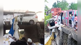 अकोल्यात ट्रक आणि कारचा विचित्र अपघात, ट्रक उलटला तर कार पुलावर हवेत लटकली