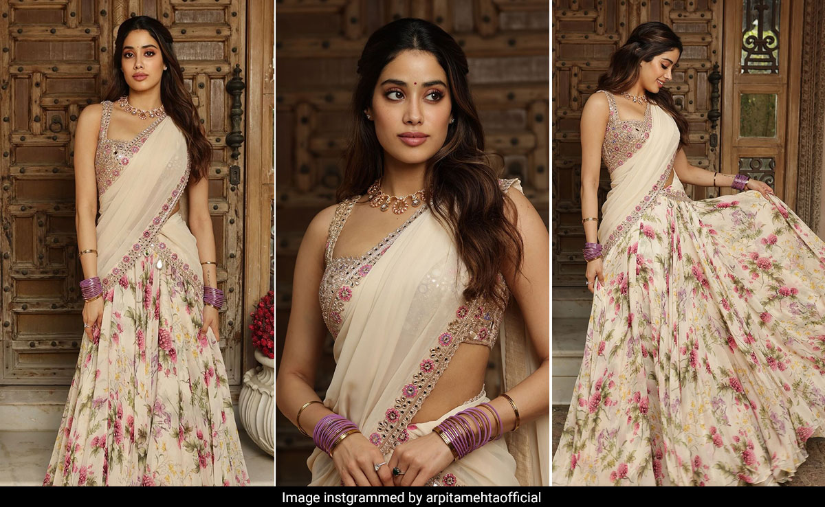 Janhvi Kapoor In A Floral <i>Lehenga</i> Is Still A Total Sport With Her Cricket Necklace For <i>Mr And Mrs Mahi</i> Promotions