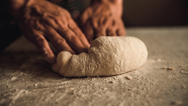Knead the dough using a combination of maida and sooji. Knead the dough using a combination of maida and sooji.