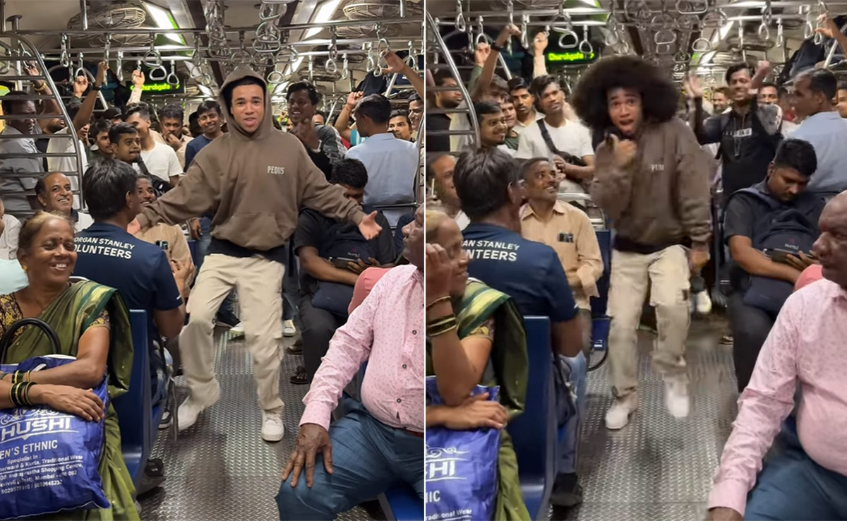 गुलाबी साड़ी पर लोकल ट्रेन में लड़के ने किया ऐसा धमाकेदार डांस, देखते रह गए पैसेंजर्स, लूट ली महफिल