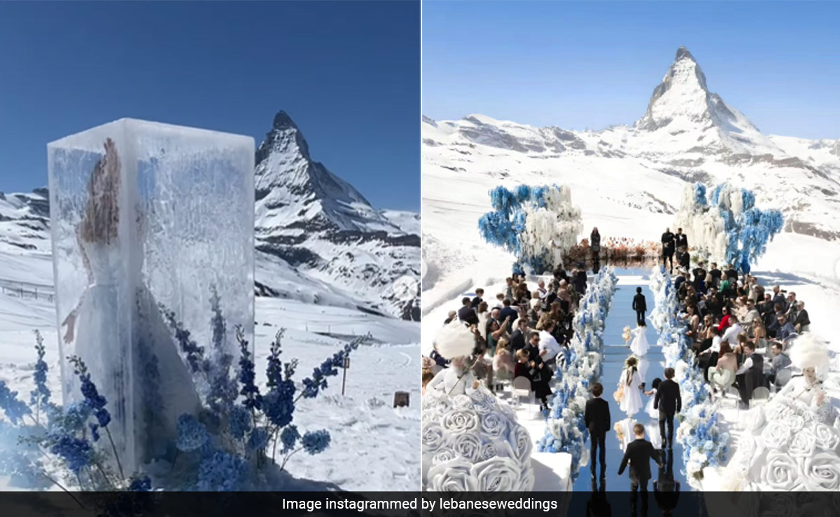 Bride Emerges From Huge Ice Cube At Wedding In Snowy Alpine Peaks In Switzerland