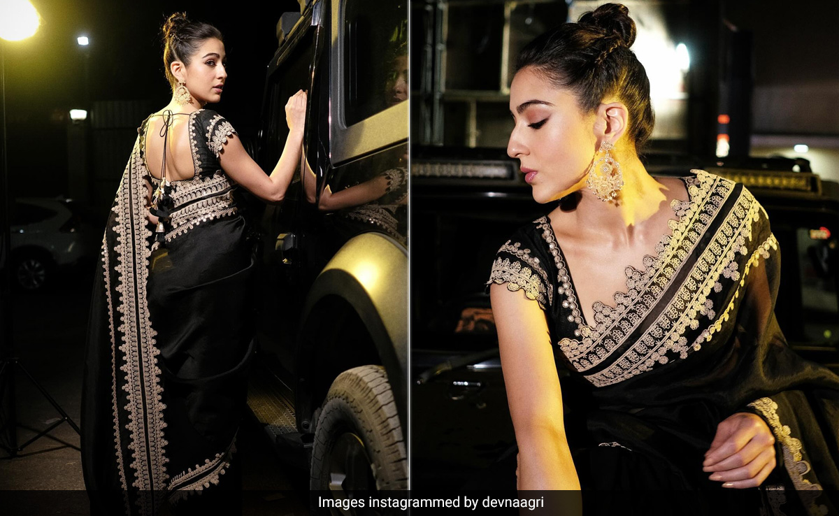 Sara Ali Khan's Rs 57,000 Black Organza <i>Saree</i> Comes Gorgeously Set With <i>Dori</i> Work And Sequins