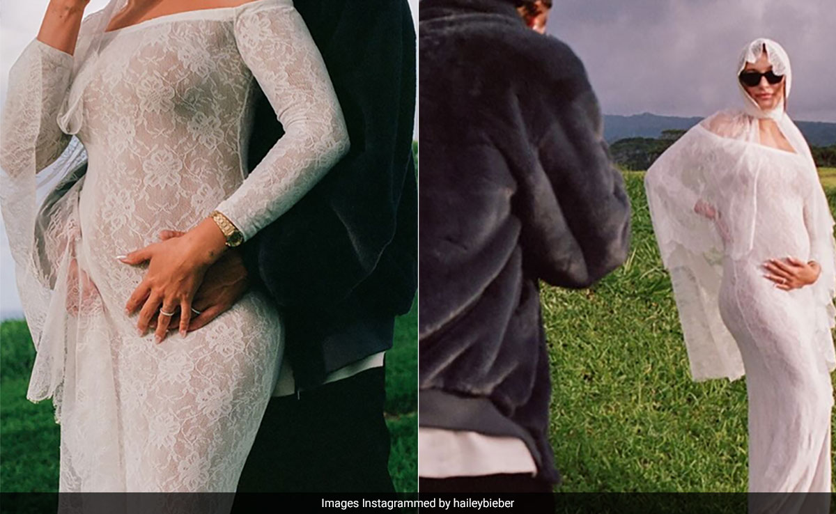 Hailey Bieber Announces Her Pregnancy In Style Wearing A White Lace Saint Laurent Dress And Veil