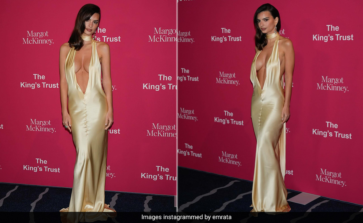 Emily Ratajkowski Took A Deep Plunge On The Glam Side In A Gold Halter Gown