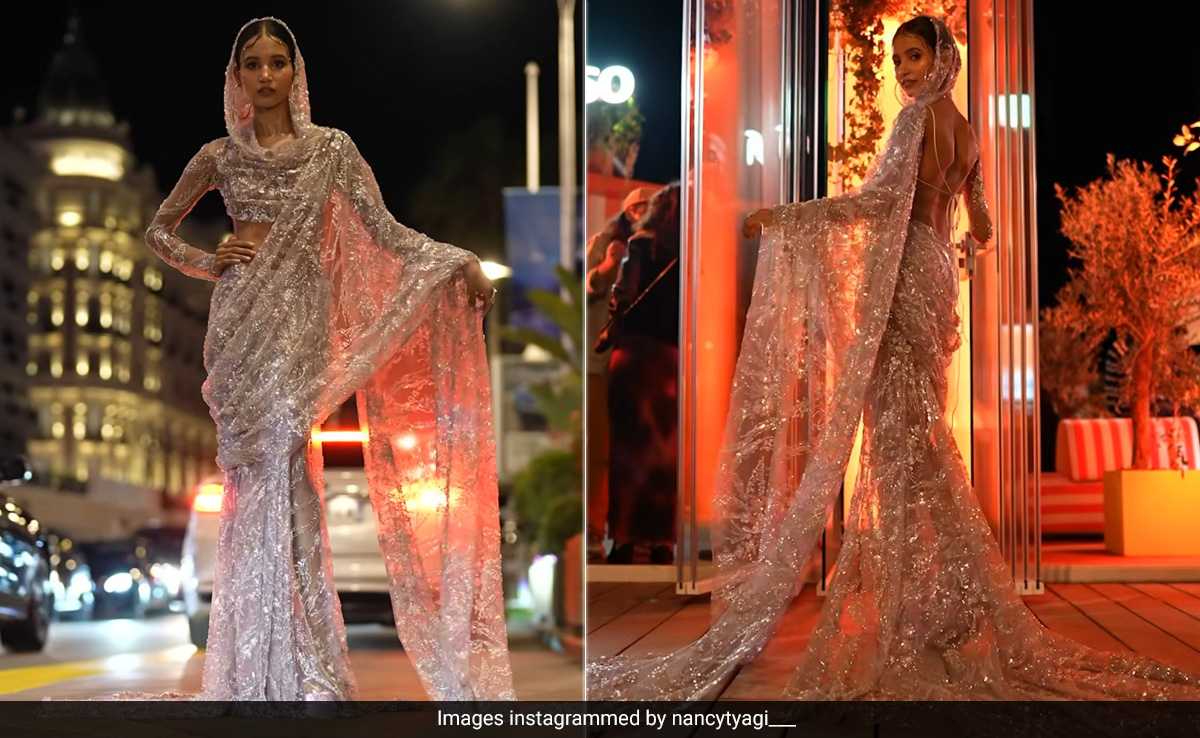 Nancy Tyagi's Self-Made Sequin Hooded <i>Saree</i> Brought <i>Desi</i> Magic To Cannes 2024
