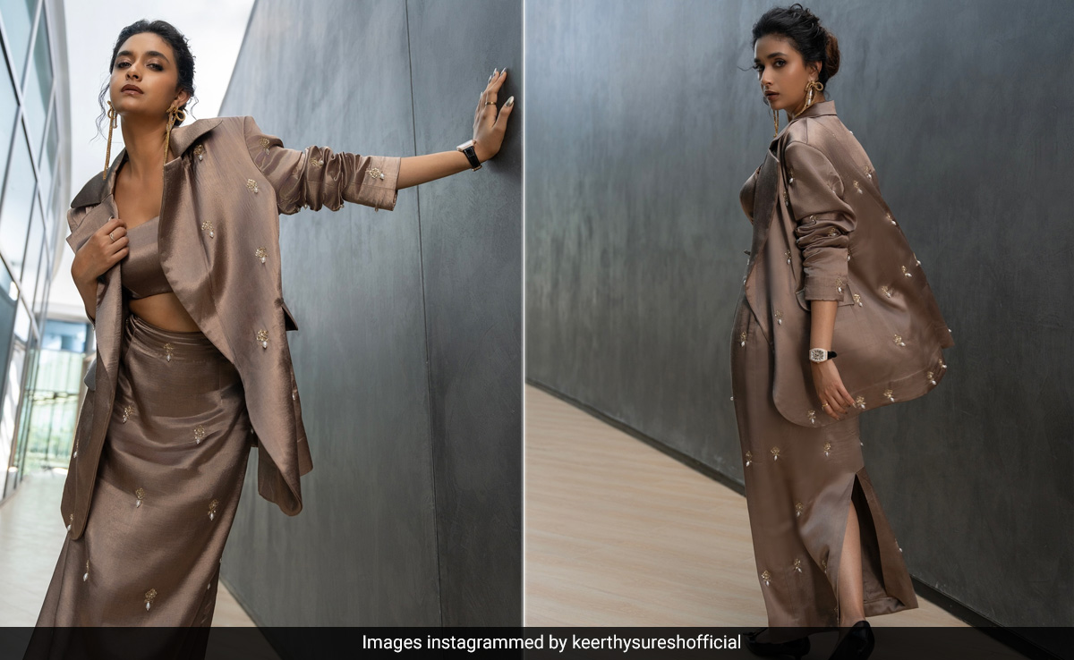 Keerthy Suresh In A Bejewelled Bronze Skirt Suit Will Add A Metallic Glint To Monsoon Days