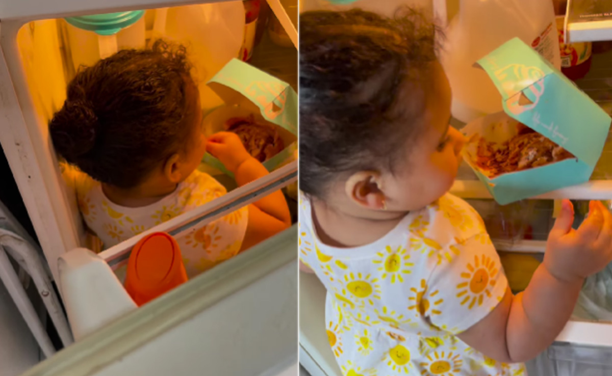 छोटी बच्ची फ्रिज से खाना खाते हुए गई पकड़ी फिर जो हुआ उसे देख नहीं रोक पाएंगे अपनी हंसी