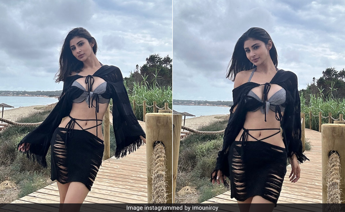 Mouni Roy's Spanish Island Style Is Spectacular As Ever In A Grey Swim Set And Black Distressed Cover-Up