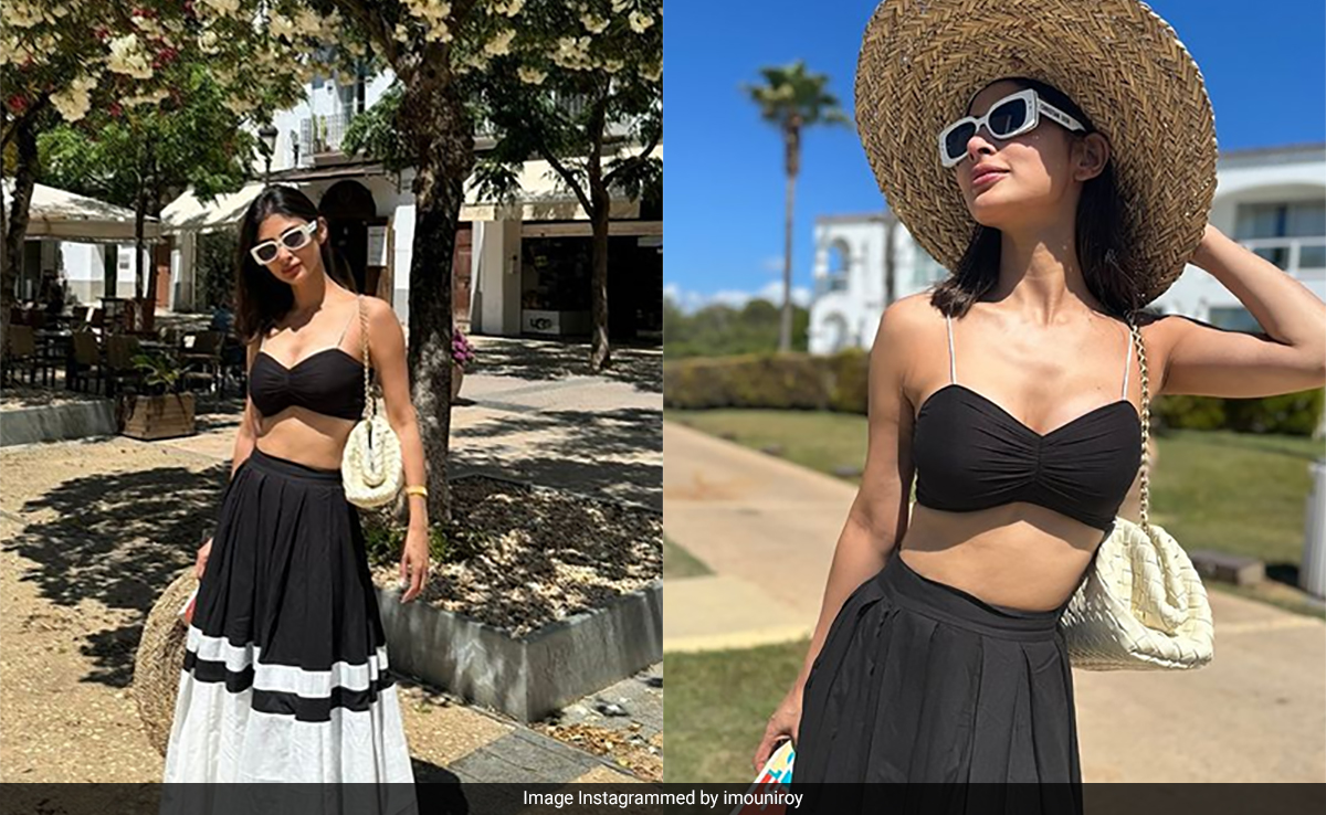 Mouni Roy Paints Ibiza Black And White In A Bralette And Maxi Skirt With A Large Straw Hat
