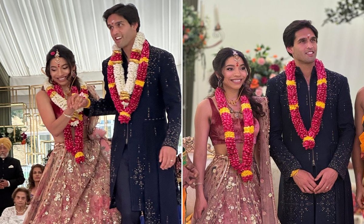 Sidhartha Mallya And Jasmine Donned A Navy <i>Sherwani</i> And Blush <i>Lehenga</i> For Their Second Wedding Function