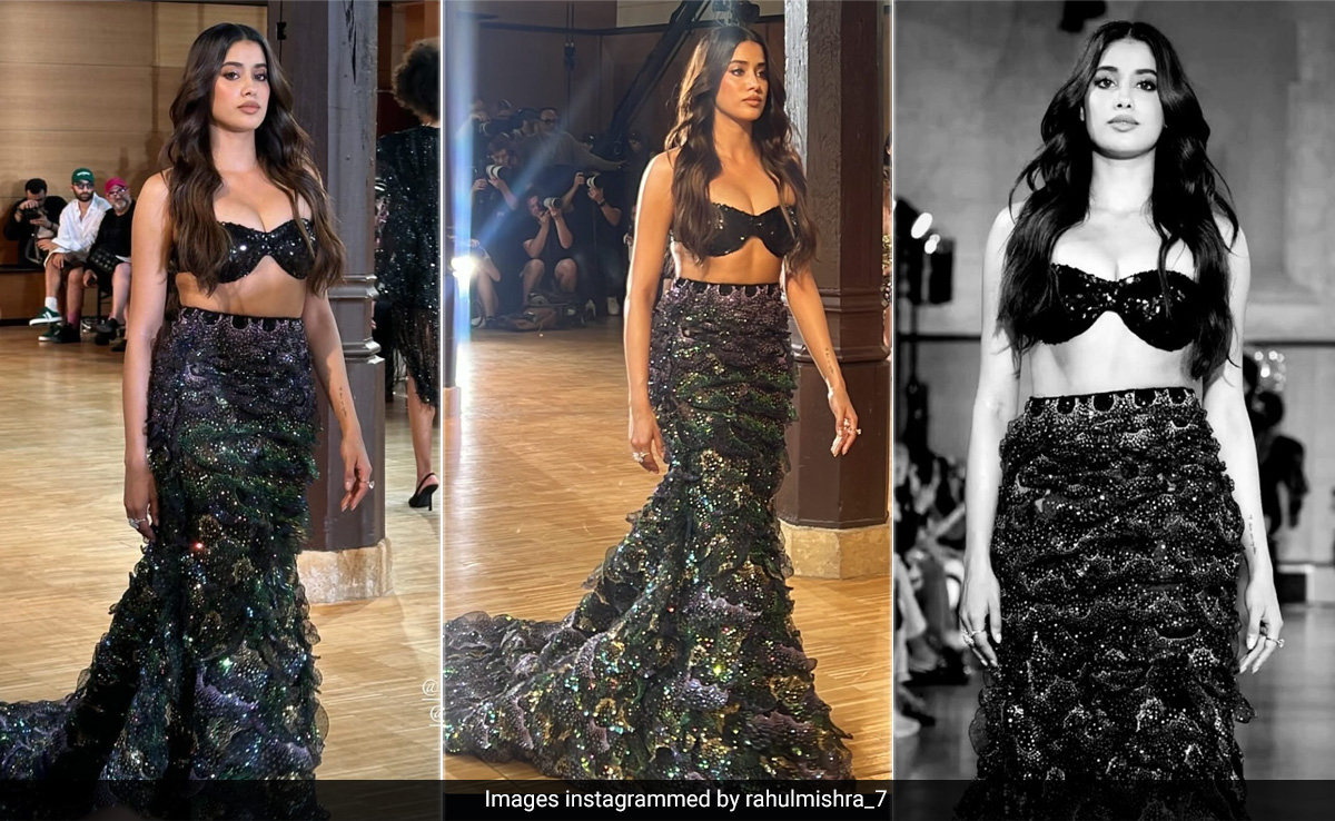 Janhvi Kapoor Makes A Dramatic Debut At Paris Fashion Week 2024 In A Black Textured Skirt And Bustier For Rahul Mishra