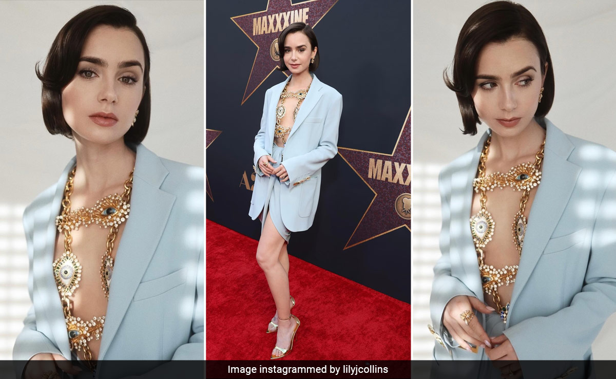 Lily Collins Has Her Eyes Everywhere But We've Got It On Her Powder Blue Skirt Suit