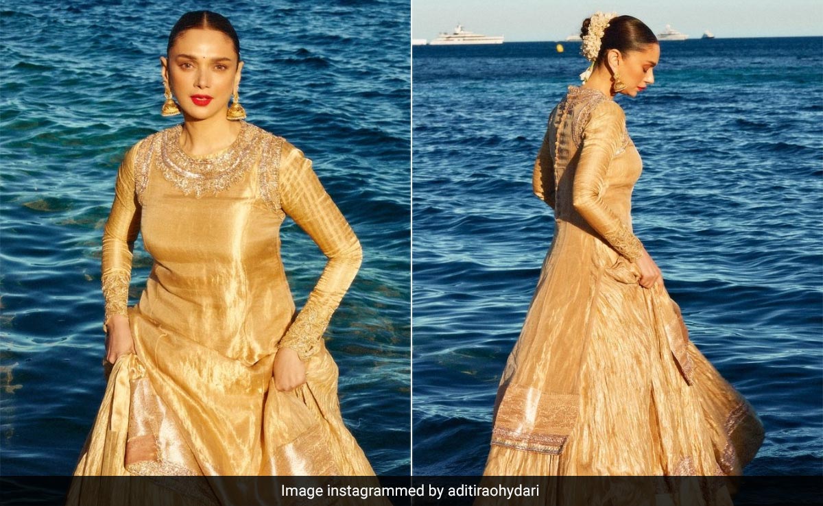 Aditi Rao Hydari Still Shines And Radiates Elegance In A Molten Gold Lehenga From Cannes 2024