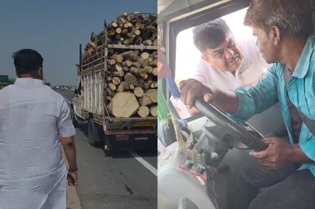 राजस्थान के वन और पर्यावरण मंत्री संजय शर्मा ने लकड़ियों से भरी पिकअप को चेक किया. 