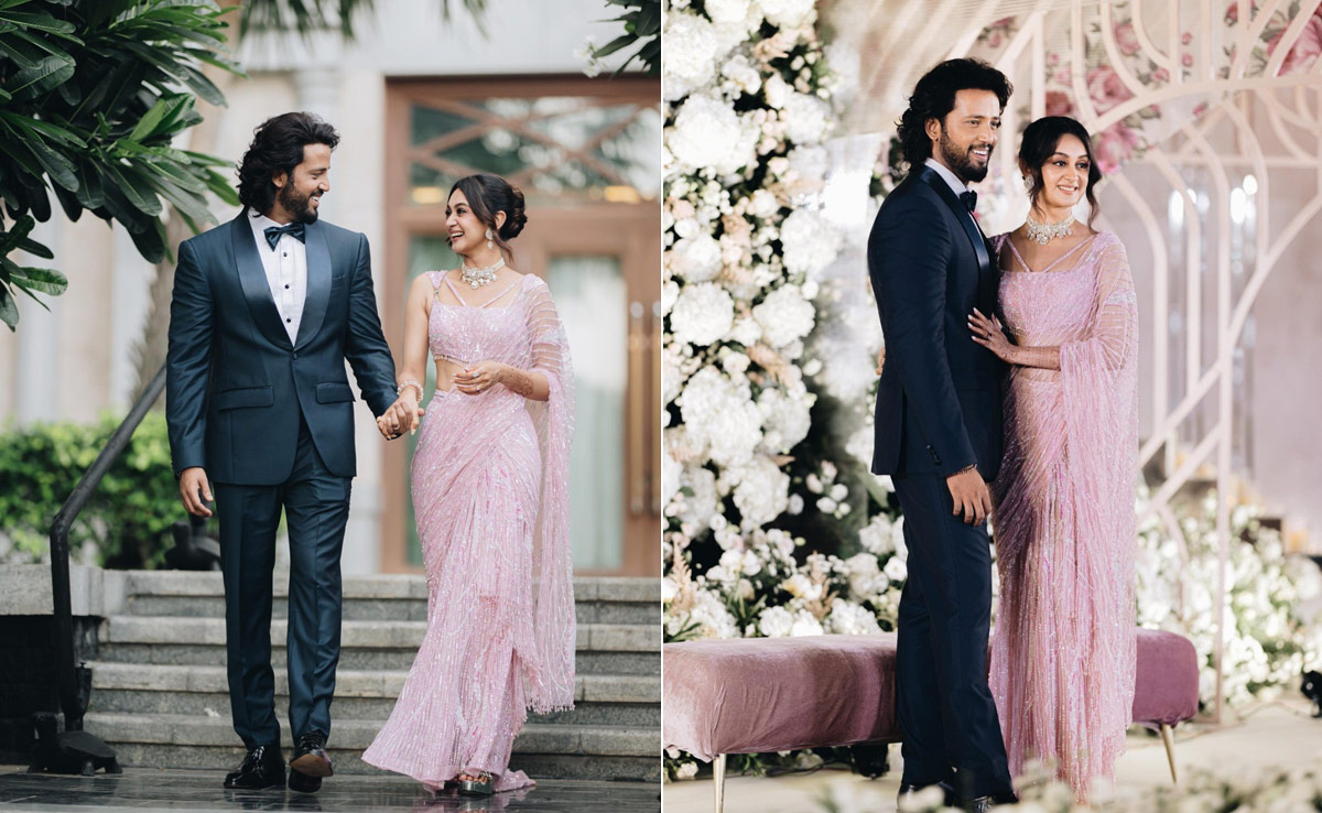 Aishwarya Arjun Dazzled In A Pink Falguni Shane Peacock <i>Saree</i> With Umapathy Ramaiah In A Tuxedo At Their Wedding Reception