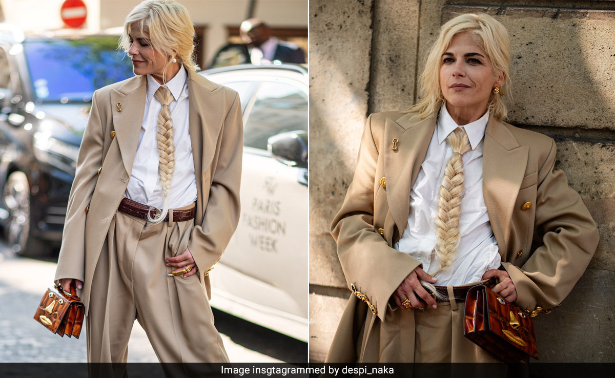 Instead Of A Regular Necktie, Selma Blair Wore A Blonde Hair Braid With Her Beige Pantsuit
