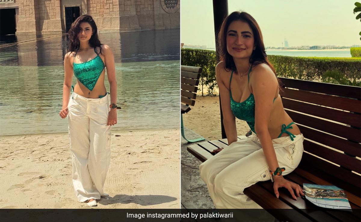 Palak Tiwari Took A Dash Of Glitter To The Beach In A Green Sequin Swim Set And White Pants