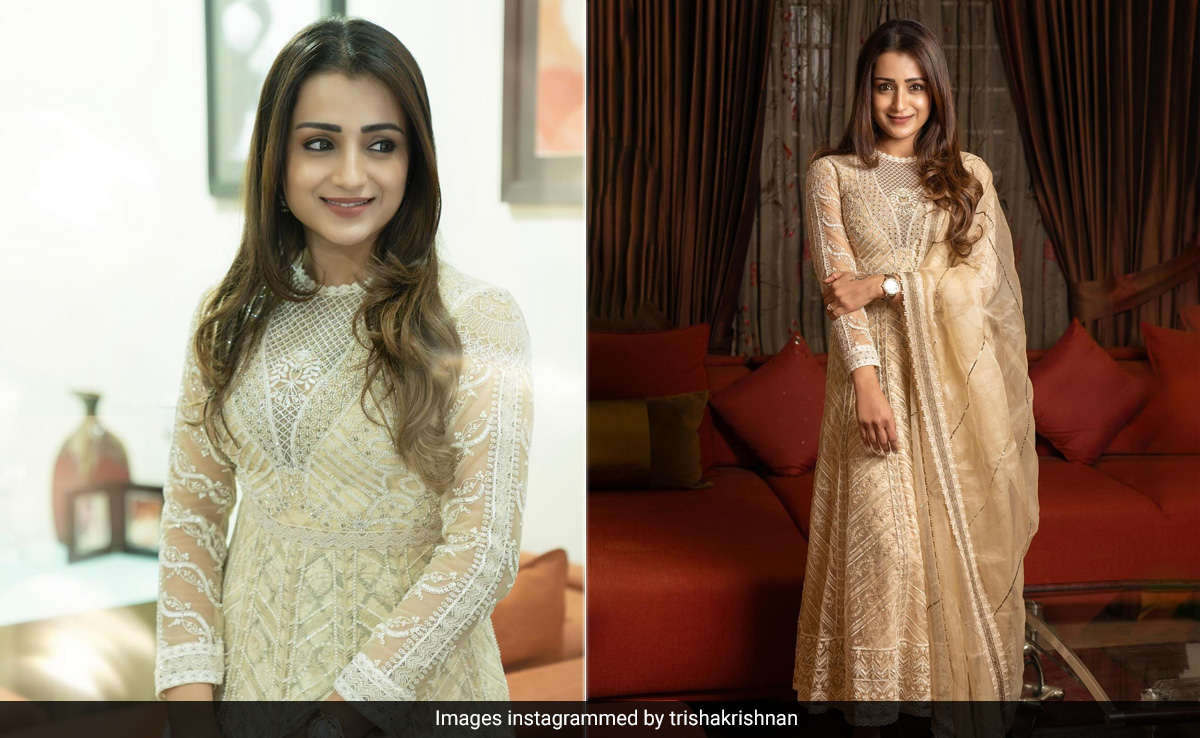 Everything About Trisha Krishnan In An Embroidered Ivory <i>Anarkali</i> Is Absolutely Splendid