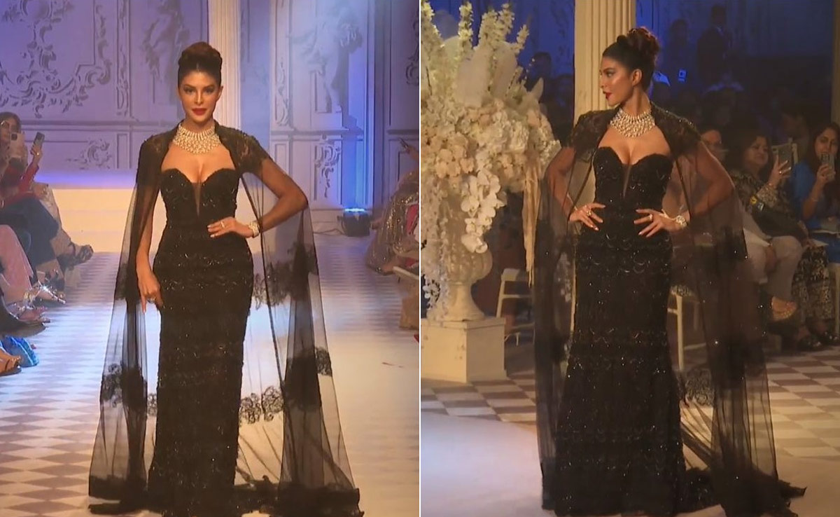 ICW 2024: Jacqueliene Fernandez Dazzled In A Shimmering Black Strapless Gown And Lace Cape On The Rose Room Runway
