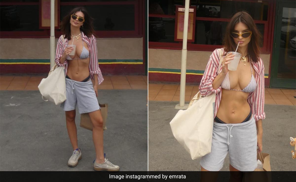 Emily Ratajkowski Was "Home For A Few Days" To Soak Up Some Californian Sun In A Striped Swim Set And Shorts