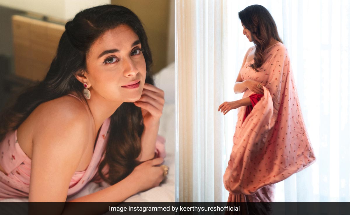 Keerthy Suresh Was "Going Retro Baby" When She Chose This Blush Pink Floral <i>Saree</i>