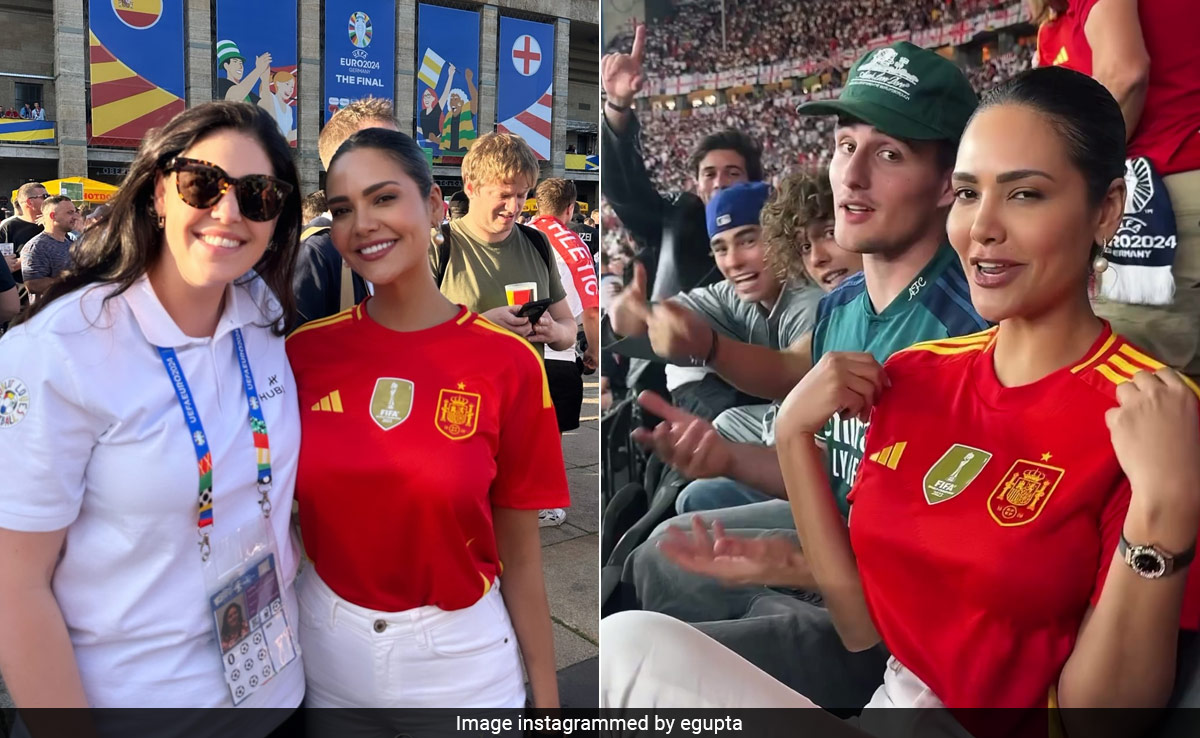Esha Gupta Channelled The <i>Vamos Espana</i> Feeling Into Spain's Victory In The Team's Red Jersey