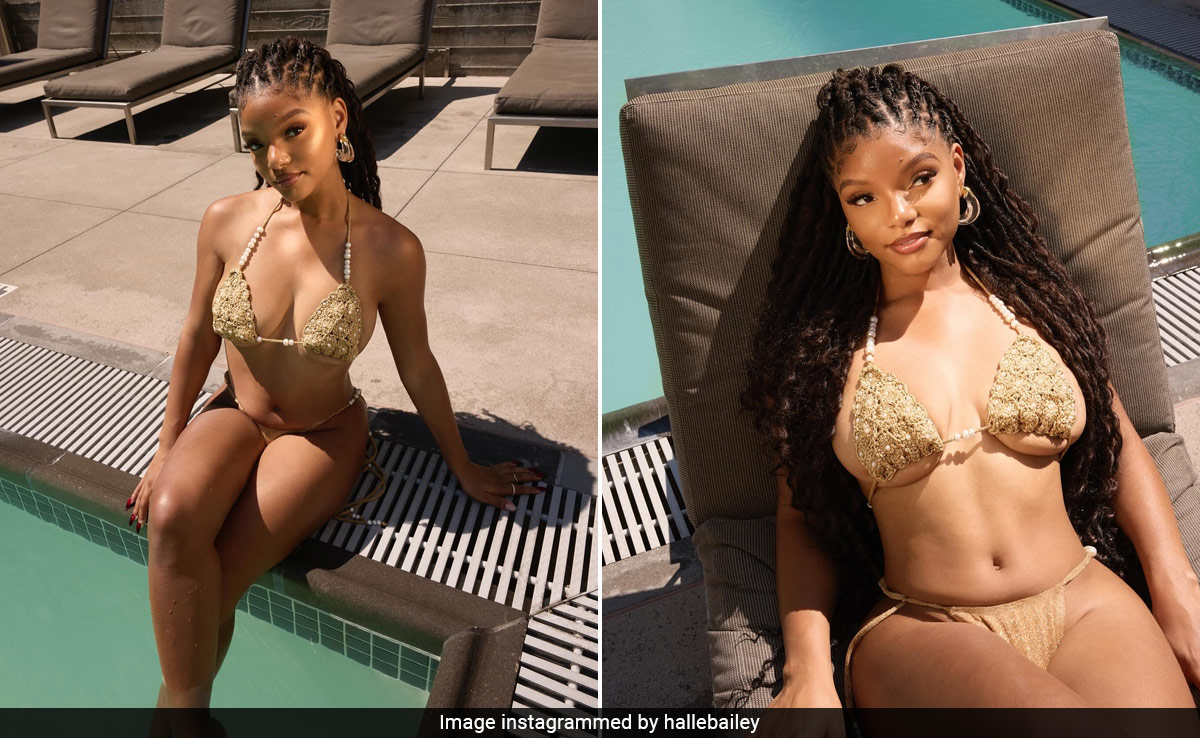 Halle Bailey Lives Life "Like It's Golden" In A Glistening Golden Swim Set