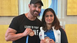 John Abraham Poses With Double Bronze Medallist Manu Bhaker And Her Olympic Medals