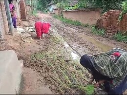 बारिश में कीचड़ बनी सड़क तो... महिलाओं ने सड़क में लगाया धान का रोपा