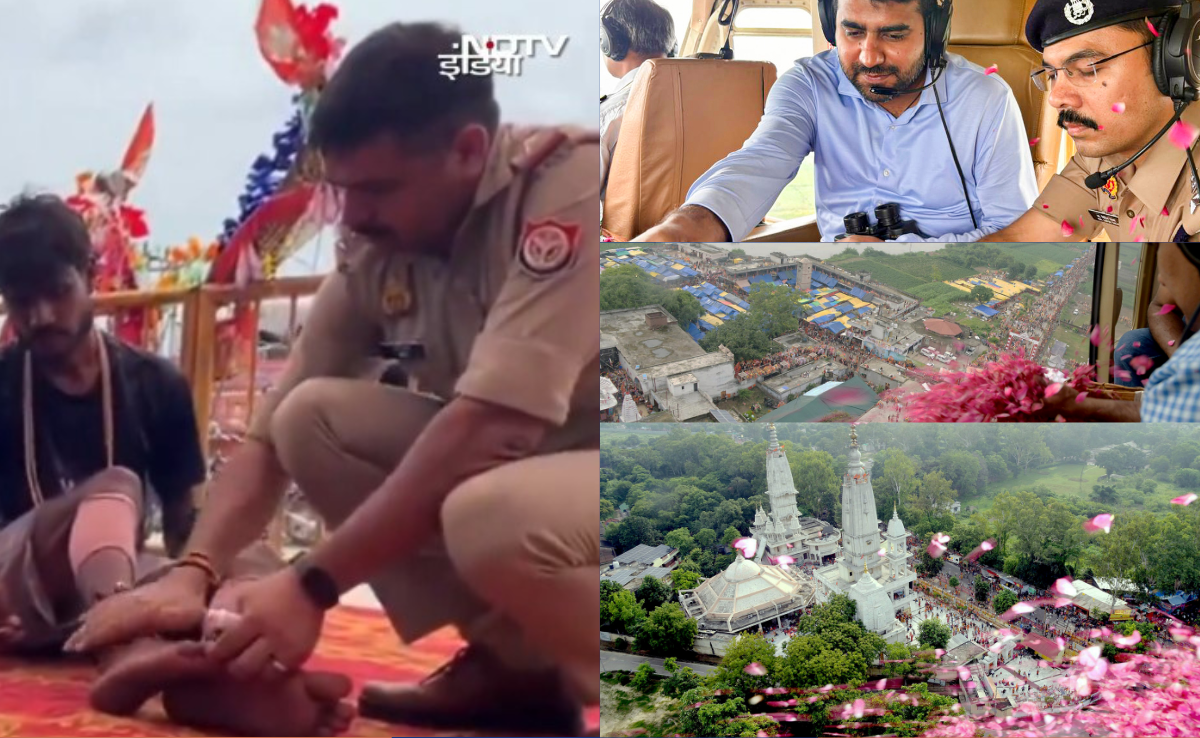 ऊपर से फूलों की बारिश, नीचे पैरों में मालिश.... देखें कांवड़ियों की यूपी में कैसे हो रही है सेवा