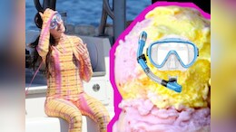 Anne Hathaway Humorously Critiqued Her Own Style By Comparing Her Yellow And Pink Tie-Dye Wetsuit To Candy And Ice-Cream