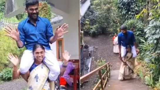 पति को कंधे पर बैठाकर सीढ़ियां चढ़ती रही पत्नी, 3 मिनट का रास्ता किया तय, यूजर्स ने कहा- ये वूमेन पावर है