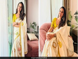 Keerthy Suresh Was Ready For Onam <i>Sadhya</i> In A <i>Kasavu Saree</i> With Banana Chips Made On It Keerthy Suresh Was Ready For Onam <i>Sadhya</i> In A <i>Kasavu Saree</i> With Banana Chips Made On It
