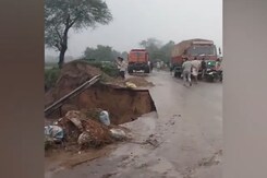 Truck Crashes As Road Caves In Amid Heavy Rain In Mathura Truck Crashes As Road Caves In Amid Heavy Rain In Mathura