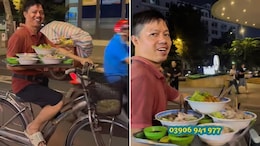 Watch: Street Vendor Rides Bike One-Handed While Balancing Five Bowls Of Soupy Noodles