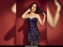 Tamanaah Bhatia Was A Floral Fantasy In A Strapless Navy Blue Rahul Mishra Gown Tamanaah Bhatia Was A Floral Fantasy In A Strapless Navy Blue Rahul Mishra Gown