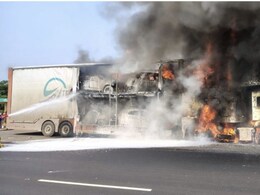 8 Cars Charred After Container Truck Carrying Them Catches Fire In Telangana 8 Cars Charred After Container Truck Carrying Them Catches Fire In Telangana