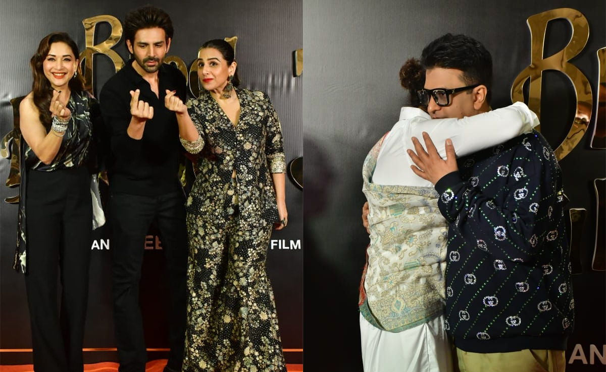 At <i>Bhool Bhulaiyaa 3</i> Success Bash: Vidya Balan, Madhuri Dixit, Kartik Aaryan's Red Carpet Moment. Sonu Nigam Hugs Bhushan Kumar
